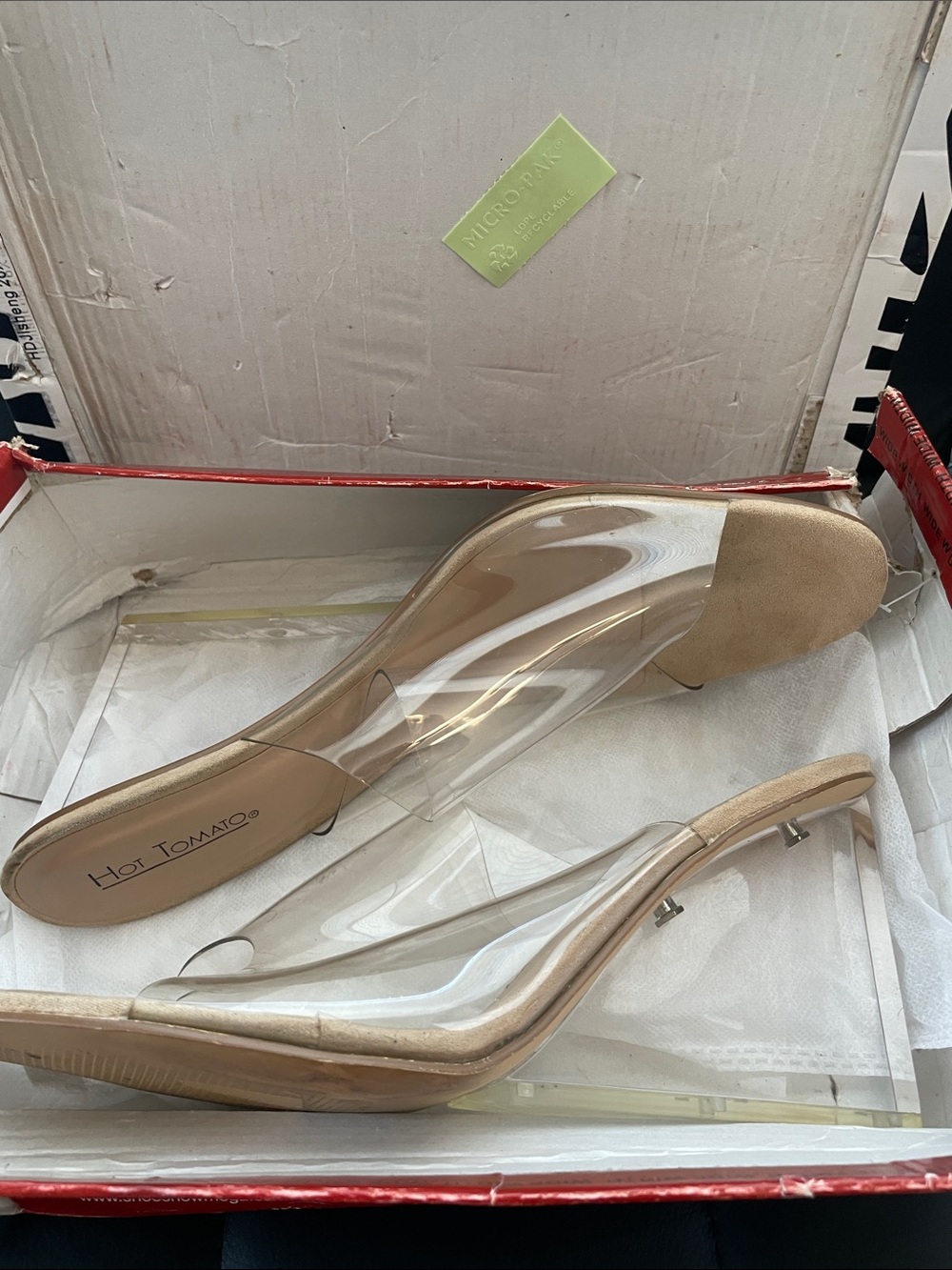 Hot Tomato Clear Vinyl Mules with Beige Suede Toe
